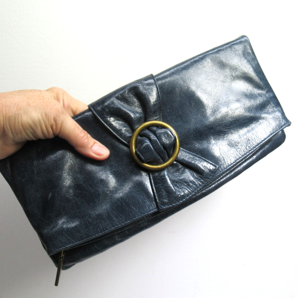 Hobo International Leather Foldover Clutch Handbag Envelope Blue Lined Pockets